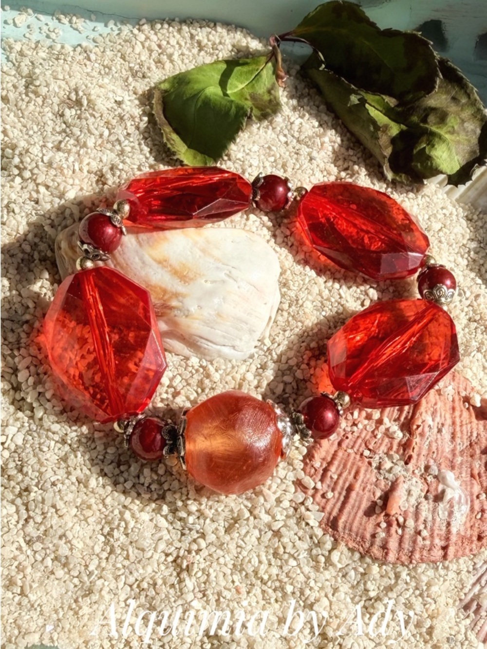 Coral 🪸 Red Beaded Bracelet with gold acrylic Accents